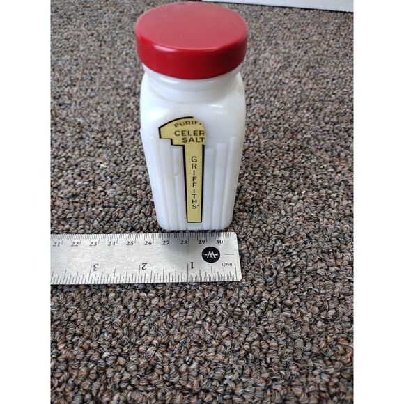 Vintage GRIFFITH's CELERY Salt MILK GLASS SPICE SHAKER JAR RED LID YELLOW GOLD - Picture 7 of 8